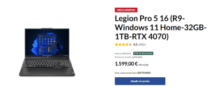 Portátil Gaming Legion Pro 5 16 con AMD Ryzen 9 7945HX, 32 GB, 1 TB SSD GeForce RTX 4070 por 1.599€