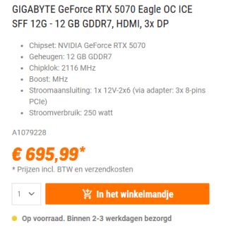 Gigabyte GeForce RTX 5070 EAGLE OC ICE SFF 12G videokaart voor €695,99 bij Nbb