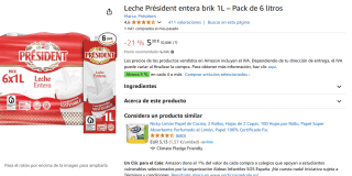 4 packs x Leche Président entera brik 1L – Pack de 6 litros por 0,83€cada litro