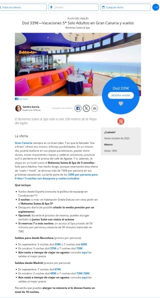 Gran Canaria adultos 4 días H5* desde 339€.