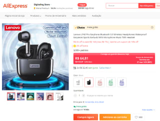 Fone de ouvido da Lenovo, modelo LP40 Pro - R$ 64,81