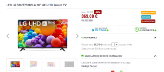 TV LED 50" LG 50UT73006LA 4K UHD Smart TV por 369€