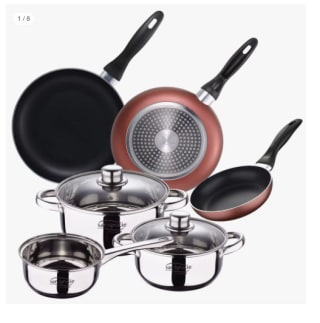 Bateria San Ignacio de 5pcs acero inoxidable: cazo Ø16x7,5 Cacerolas de Ø18x8,5 y Ø20x9,5 cms., inducción + Set 3 sartenes Ø16/20/24 cm, aluminio prensado por 25.39€
