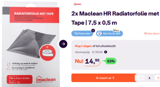 Mac Lean Radiatorfolie met tape - 7,5 x 0,5 meter - zilver 2 stuks voor €14,95 bij Ibood