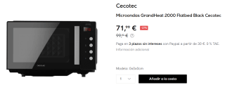 Microondas Cecotec GrandHeat 2000 Flatbed por 71.99€