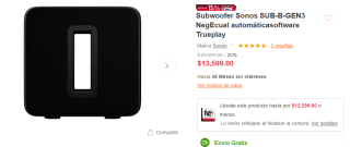Subwoofer Sonos SUB-B-GEN3 NegEcual por $11,069 en Linio