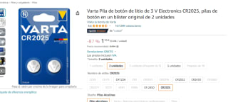 Varta Pila de botón de litio de 3 V CR2025 - 2 unidades por 1.19€