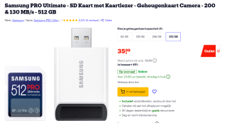 Samsung PRO Ultimate SD Card 512GB + USB-kaartlezer voor €35,89 ij Bol