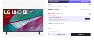 TV LED 43" - LG 43UR78006LK, UHD 4K, Inteligente α5 4K Gen6, Smart TV, DVB-T2 (H.265) por 292.7€ (Cuenta Nueva 280.7€)