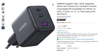 UGREEN Cargador USB C 30 W, Adaptador iPhone de 3 Puertos (2C+1A) GAN II por 15,99€