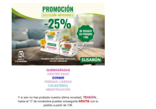 25% descuento y infusión tensión gratis por pedidos de +10€ en Susaron