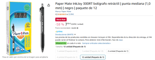 12 bolígrafos Paper Mate InkJoy 300RT retráctil punta mediana negro por 7,59€