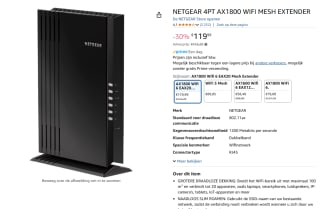 Netgear EAX20 AX1800 WiFi Mesh Extender voor €119,99 bij Amazon