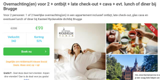 Overnachting(en) voor 2 + ontbijt + late check-out + cava + evt. lunch of diner bij Brugge