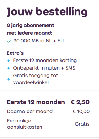 20.000mb onbeperkt bellen & sms'en voor €2,50 per maand eerste 12 maanden bij 50plusmobiel