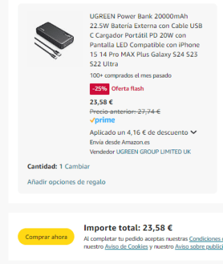 UGREEN Power Bank 20000mAh 22.5W Batería Externa con Cable USB C Por 23,57€
