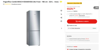 Frigorífico Combi BOSCH KGN36VIDA No Frost - 186 cm - 324 L - Inox por 629,99€