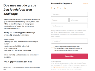 Doe mee met de Leg je telefoon weg challenge krijg gratis het challenge werkboekje van Mind in je mail