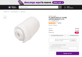 Plumón Ripley Home antialergico de 2 plazas por $11.990