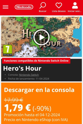 Hero's Hour Nintendo Switch por 1,79€.