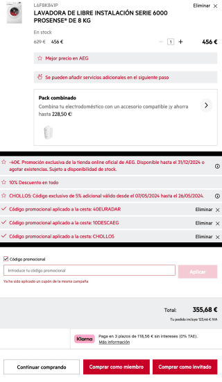 Lavadora AEG Serie 6000 PROSENSE 8 Kg Clase A- L6FBK841P por 355,68€