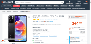 Smartphone 6.67" Xiaomi Redmi Note 11 Pro+, 256Go, 8Go à 244,09€