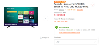 Smart TV Hisense 75 75R6030K Roku UHD 4K por $10,299 en Linio con PayPal