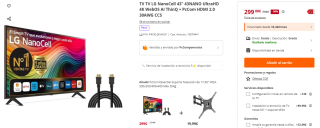 TV LG NanoCell 43" 43NANO UltraHD 4K WebOS AI ThinQ + PcCom HDMI 2.0 30AWG CCS por 299€