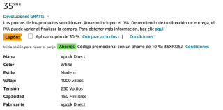 Plancha Vpcok Direct Vertical con tanque de agua 150ml 1000W Longitud de Línea 2,4m por solo 21,59€