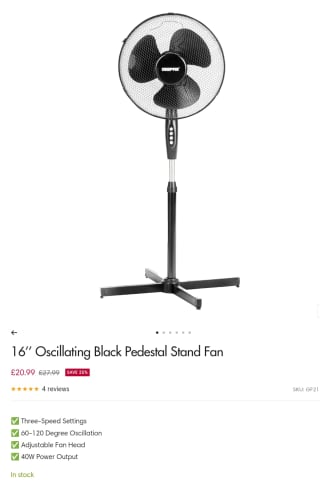 16’’ Oscillating Pedestal Stand Fan from £18.89 at Geepas