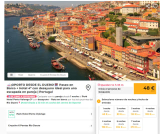 Oporto Paseo en Barco + Hotel 3* con desayuno - de junio a septiembre por 48€