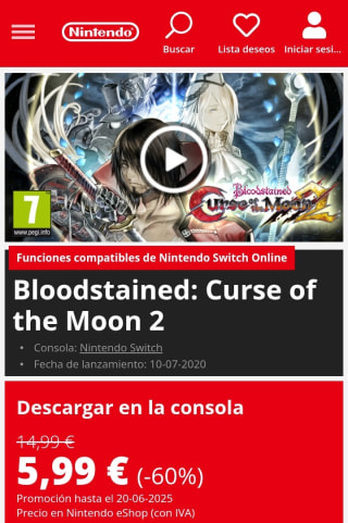 Bloodstained : Curse of the Moon 2 Nintendo Switch por 5,99€.