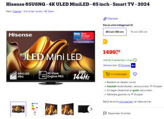 Hisense 65U8NQ 65" TV voor €1499,70 bij Bol