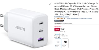 UGREEN USB C oplader 65W witte oplader voor €20,39 bij Amazon