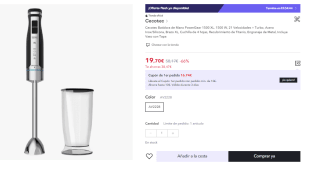 Batidora de Mano PowerGear 1500 XL. 1500 W, 21 Velocidades + Turbo, + vaso con tapa marca Cecotec por 19,70€ (Cuenta Nueva 11.82€)