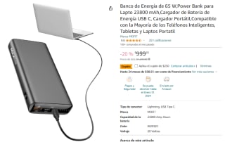 Banco de Energía de 65W Laptop 23800 mAh por $749 en Amazon