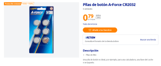 Pilas de botón A-Force CR2032 6 unidades por 0,79€
