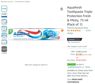 Keep Aquafresh toothpaste triple protection fresh and minty for only £0.80 at Amazon