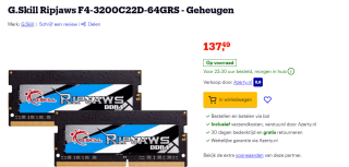 G.SKILL RipJaws 64GB Kit (2x32GB) DDR4-3200 CL22 SO-DIMM werkgeheugen voor €50 bij Bol