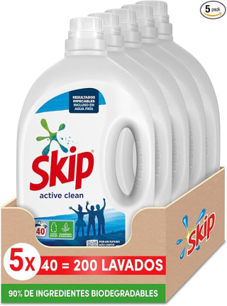 5 botes Skip Detergente Líquido Active Clean para Lavadora 200Lavados por 32,20€