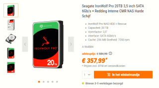 Seagate IronWolf Pro, 20TB (ST20000NE000) voor €357,99 bij Nbb