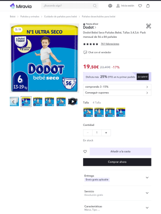 Dodot Bebé Seco Pañales Bebé, Tallas 3,4,5,6- Pack mensual de 56 a 84 por 14,62€