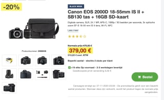Canon EOS 2000D 18-55mm IS II + SB130 tas + 16GB SD-kaart voor 379 euro
