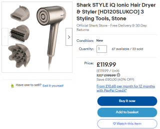 Achieve Shark STYLE iQ ionic hair dryer and styler at eBay for £89.99
