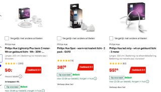 Cashback van 2+1 op geselecteerd assortiment van Philips Hue bij Bol