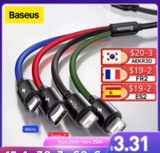 Baseus cable USB 3 en 1 para móvil a 3€