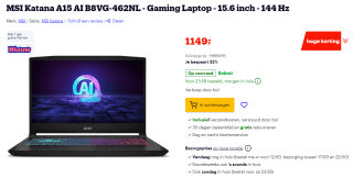 MSI Katana A15 AI B8VG-462NL - Gaming Laptop - 15.6 inch - 144 Hz voor €1149 bij Bol