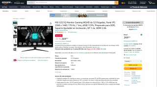 MSI G321Q Monitor Gaming WQHD, MSI por 269€