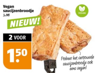 Vegan Saucijzenbroodje 2 voor €1,50 bij Poiesz