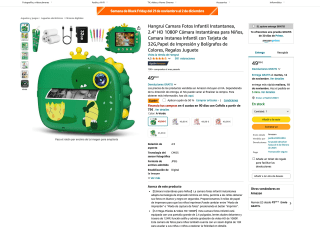Cámara Fotos Infantil Instantanea 2.4" HD 1080P Tarjeta 32 Papel de Impresión por solo 24,99€